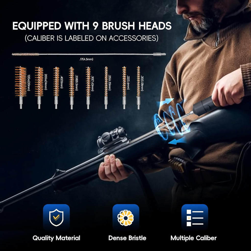 Skiennix Electric Gun Cleaning Kit - Universal Brushes for Handguns, Shotguns & Rifles | 9 Brush Heads & 3 Rods