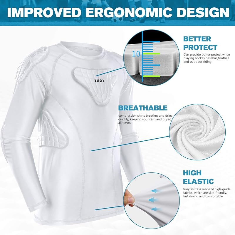Youth Padded Chest Protector Shirt with 10mm Foam Padding - White, Medium