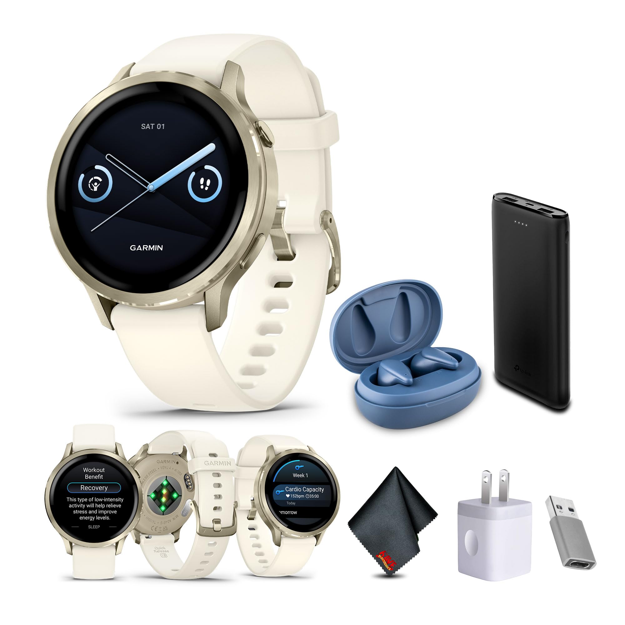 Garmin Venu 4, 41mm, Advanced Fitness and Multisport Tracker GPS Smartwatch, 1.2" AMOLED Display, Built-in Flashlight, 10 Days of Battery Life, Lunar Gold with Bone Silicone Band (Watch Bundle)