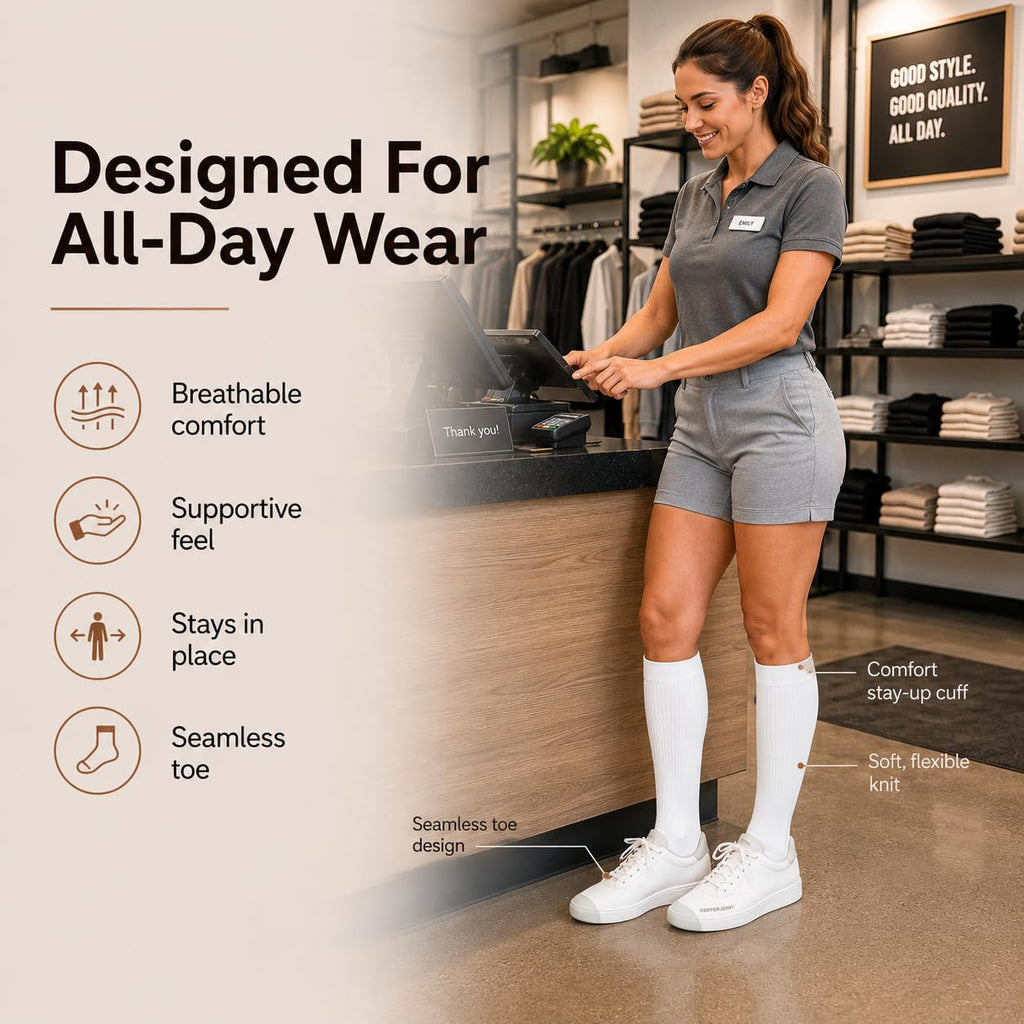 CopperJoint Knee High Compression Socks for Women and Men, Graduated Long Compression Socks for All-Day Standing, Sports & Travel, 15-20 mmHg Leg Support for Daily Wear - 1 Pair, White, Large