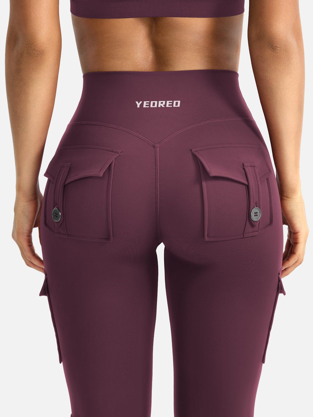YEOREO CoreFlex Women Workout Flare Leggings with Pockets Hidden Scrunch Cargo Gym Yoga No Front Seam Leggings Black Cherry S