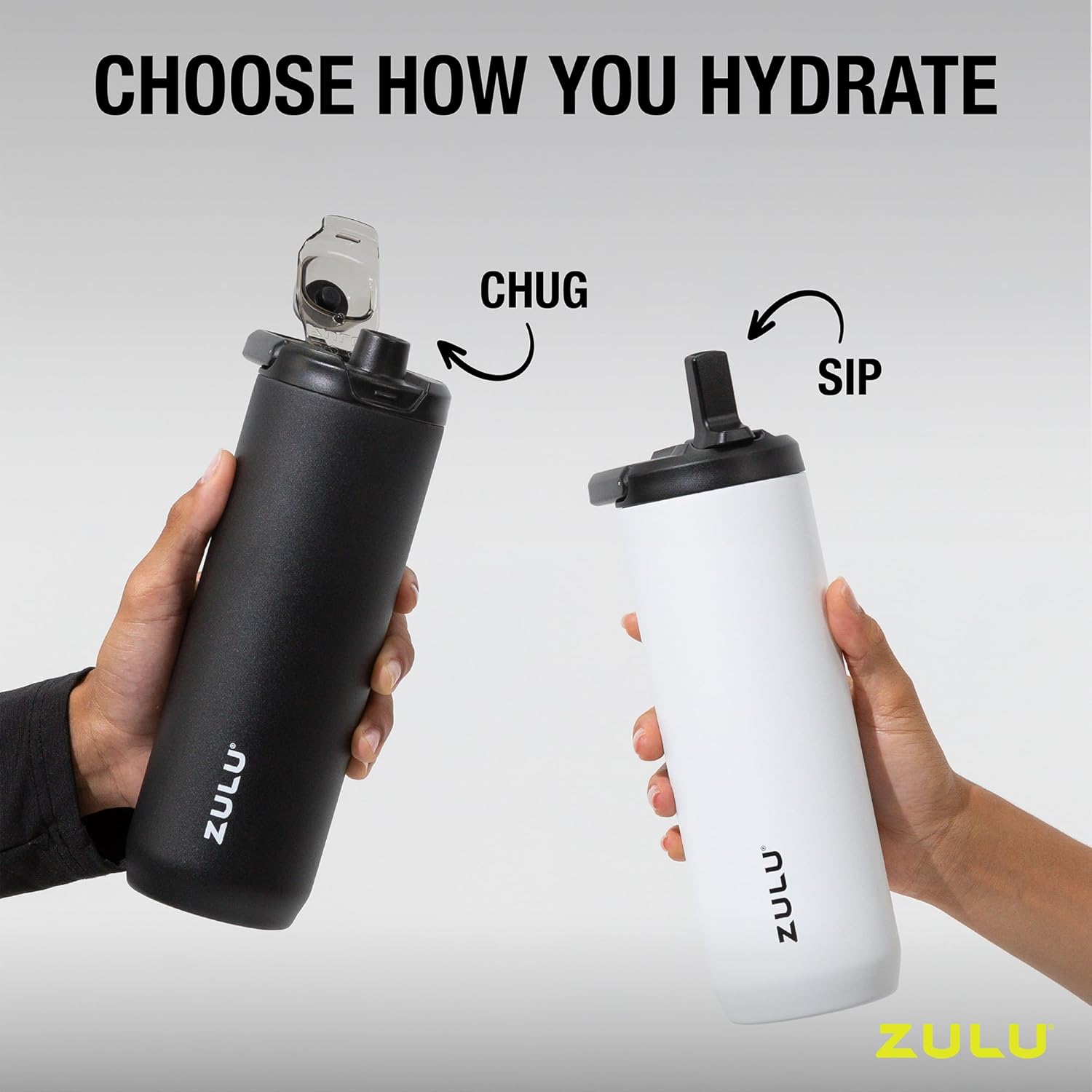 ZULU Base 32oz Stainless Steel Water Bottle - Double Walled, Vacuum Insulated | 3 Lids Included, Black