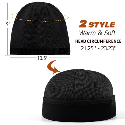 Lvaiz Mens Beanie Warm Winter Hat for Men Fleece Lined Beanie Thick Knit Hat Outdoor Skull Cap Unisex Black
