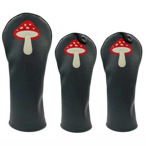 Mushroom PU Leather Golf Club Covers Driver Headcovers Fairway Woods Hybrid Protector with Interchangeable Number Tag