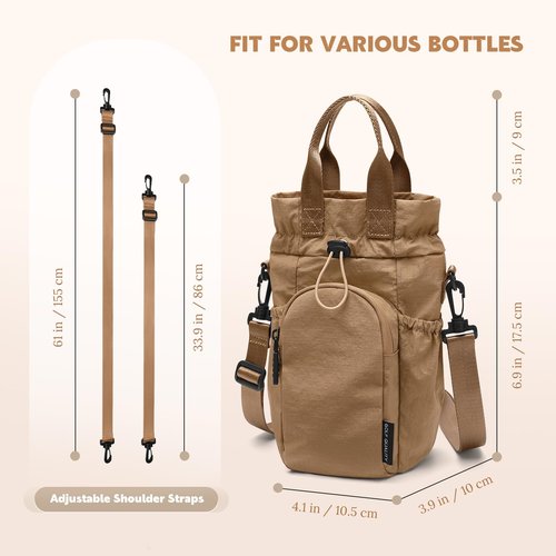 GOLF QUALITY Large Water Bottle Bag for 32/40/42//64oz Water Bottle,Casual Drawstring Crossbody Water Cup Bag,Brown