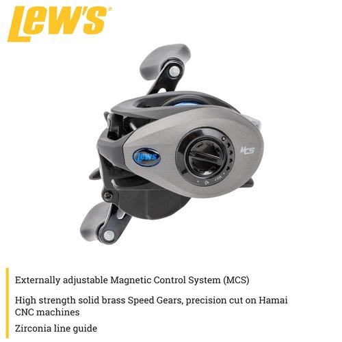 Lew’s American Hero Baitcast Fishing Reel, 4+1 Bearings, 7.5:1 Gear Ratio, One-Piece Graphite Frame, Speed Gears, Right-Hand Retrieve, Gray/Black/Blue