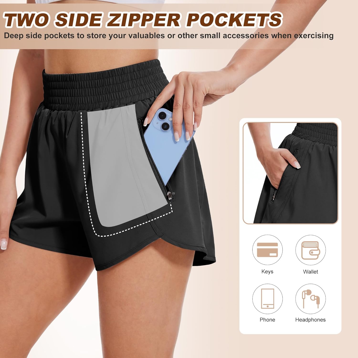 BALENNZ Women's Athletic Workout Shorts - Zipper Pockets & Elastic Waist for Gym & Running