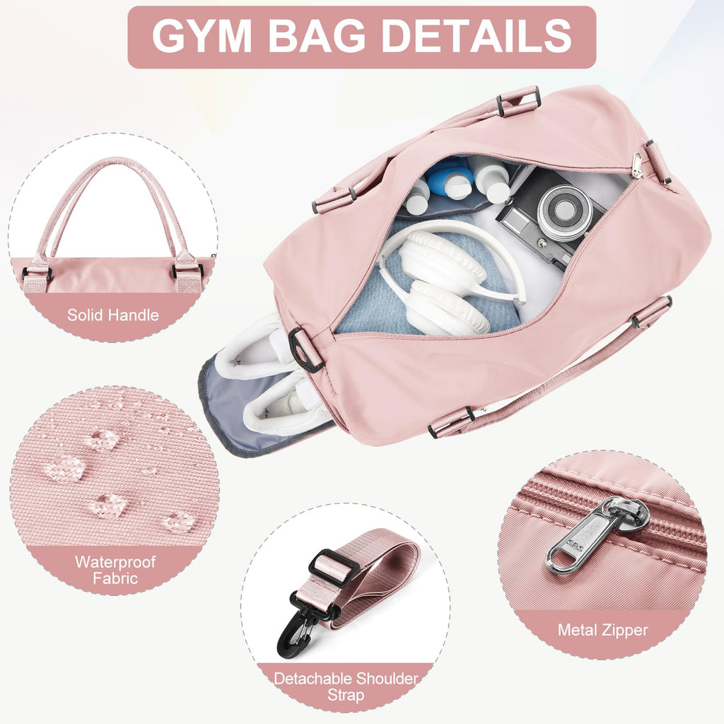 Gym Bag for Women Men with Shoes Compartment,Sports Duffle Bag Personal item travel Duffel Bags Tote Bag Small Carry on Weekender Overnight Bags Workout Dance Bag Hospital Holdalls Pink