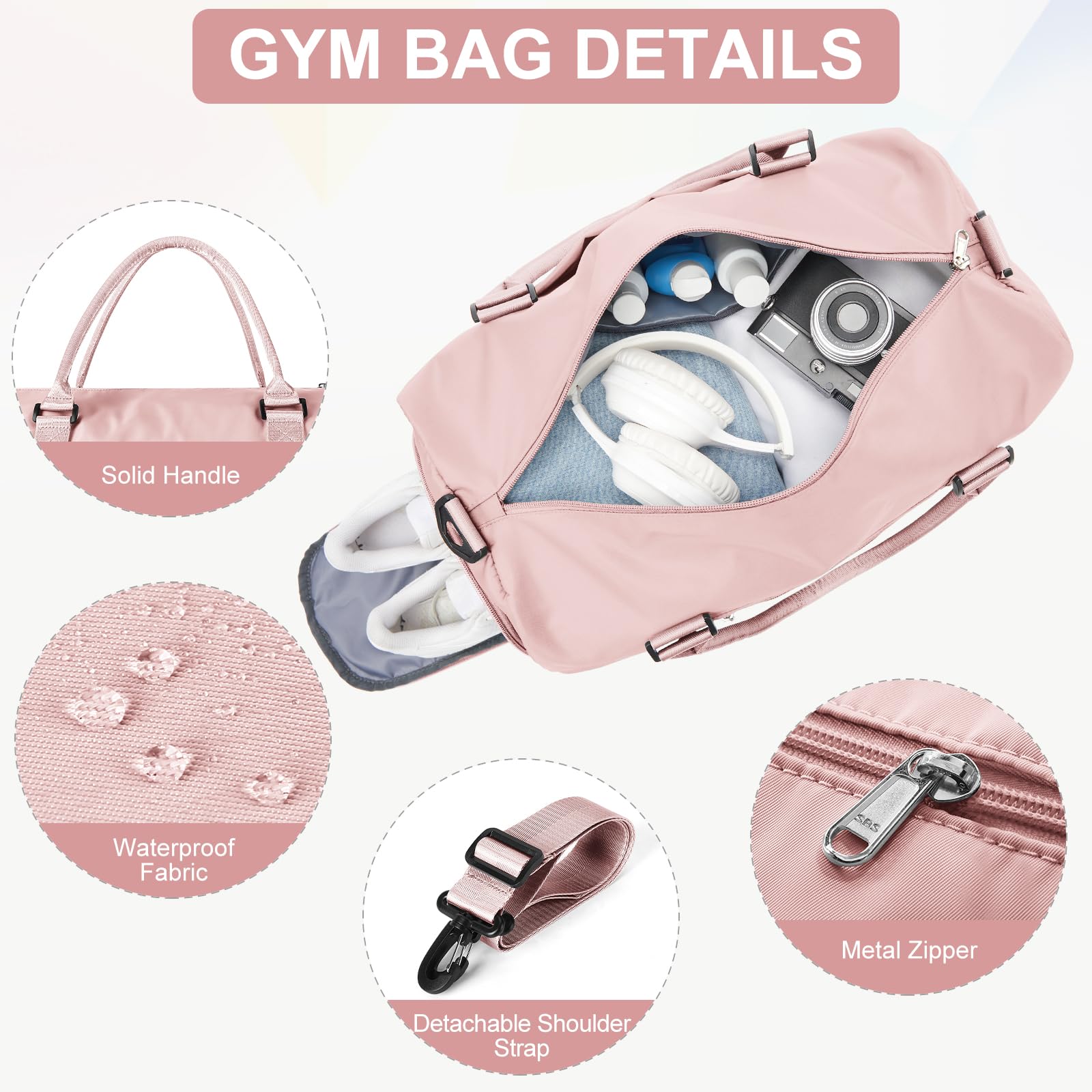 Gym Bag for Women Men with Shoes Compartment,Sports Duffle Bag Personal item travel Duffel Bags Tote Bag Small Carry on Weekender Overnight Bags Workout Dance Bag Hospital Holdalls Pink