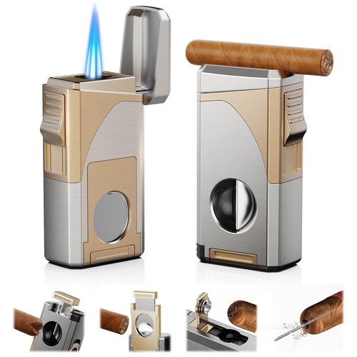 Cigar Lighter, 6-in-1 Cigar Torch Lighter with Cigar Cutter V Cut & Straight Cutter Cigar Punch Cigar Holder Cigar Draw Enhancer, 3 Jet Flame Torch Lighter Refillable Butane Lighter Cigar Gift for men