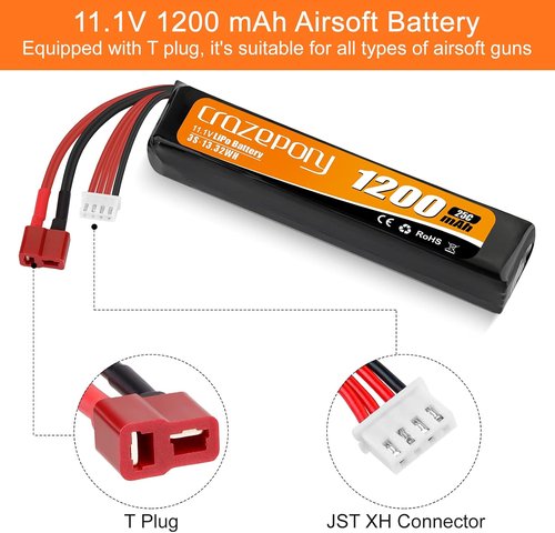 Crazepony 11.1V 1200mAh Airsoft Battery - Rechargeable 3S LiPo 25C with T-Plug & JST XH Connector