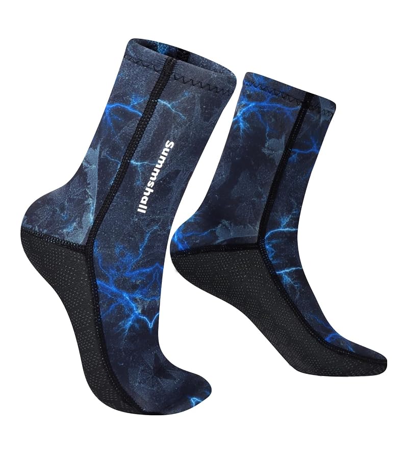 Neoprene Socks 3mm With Velcro - Anti-Slip Water Sports Socks, Blue-Camo, Large