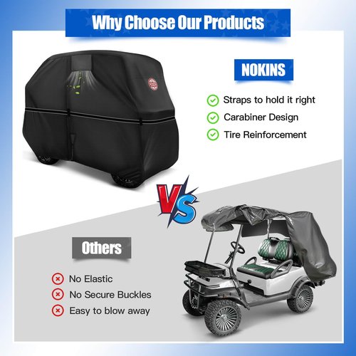 NOKINS Golf Cart Cover, 420D Waterproof Oxford Fabric Cover Fit for EZGO, Club Car Most Standard Golf Cart 2+2 Seater, Heavy-Duty Windproof Sunproof with Double Zipper Doors&Anti-Slip Straps, Black