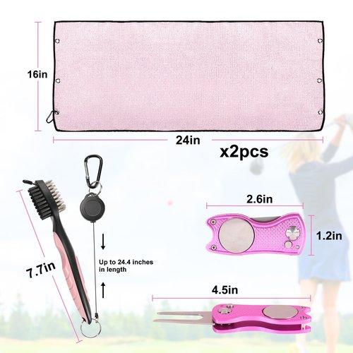 Aulock Golf Towel and Brush Set, Microfiber Towels for Golf Bags, Women Cleaning Kit with Ball Marker Golf Divot Tool Brush, Pink