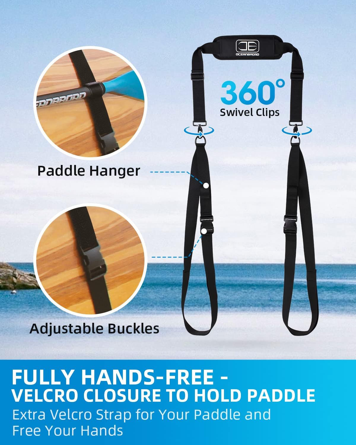 OCEANBROAD SUP Kayak Carry Strap - Adjustable Shoulder Strap with Clips for Paddle Boards & Canoes