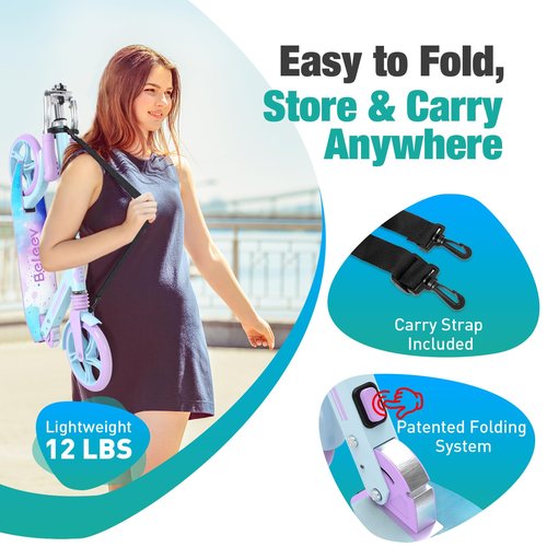 BELEEV V5 Scooters for Kids 6 Years and up, Folding Kick Scooter 2 Wheel for Adults Teens, 4 Adjustable Handlebar, 230mm Big Wheels, Lightweight Sports Commuter Scooter, up to 220lbs(Blue Purple)