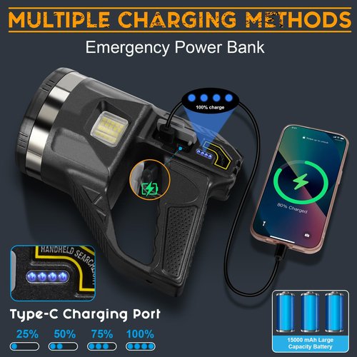 LiangJJ Spotlight 1000000 Lumens, 6 Modes Super Bright LED Rechargeable Spotlight Flashlight with Cob Light, Tripod, Strap, 15000mAh 18Hrs IPX7 Waterproof Spot Lights Outdoor Handheld for Boating, L