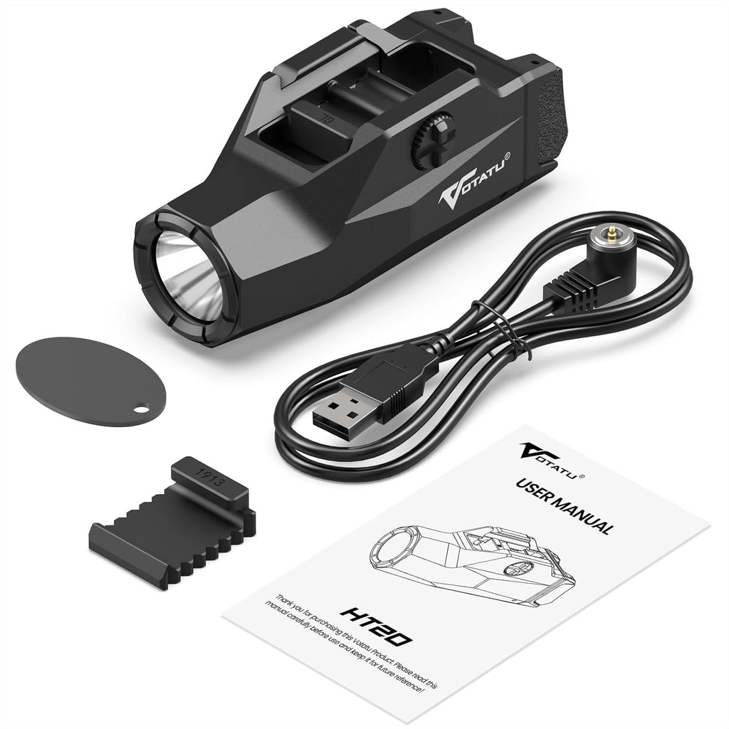 VOTATU HT20 Tactical Pistol Light - 1600 Lumens Adjustable Rail Keys for Compact & Full Size Guns | Rechargeable LED Flashlight