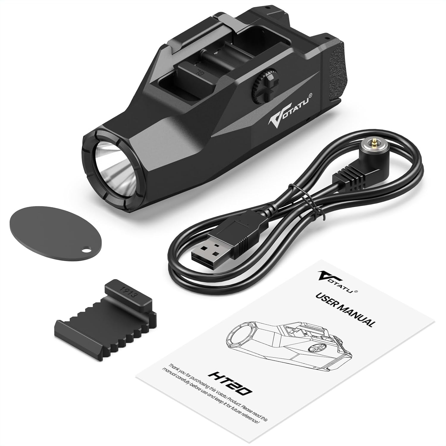 VOTATU HT20 Tactical Pistol Light - 1600 Lumens Adjustable Rail Keys for Compact & Full Size Guns | Rechargeable LED Flashlight