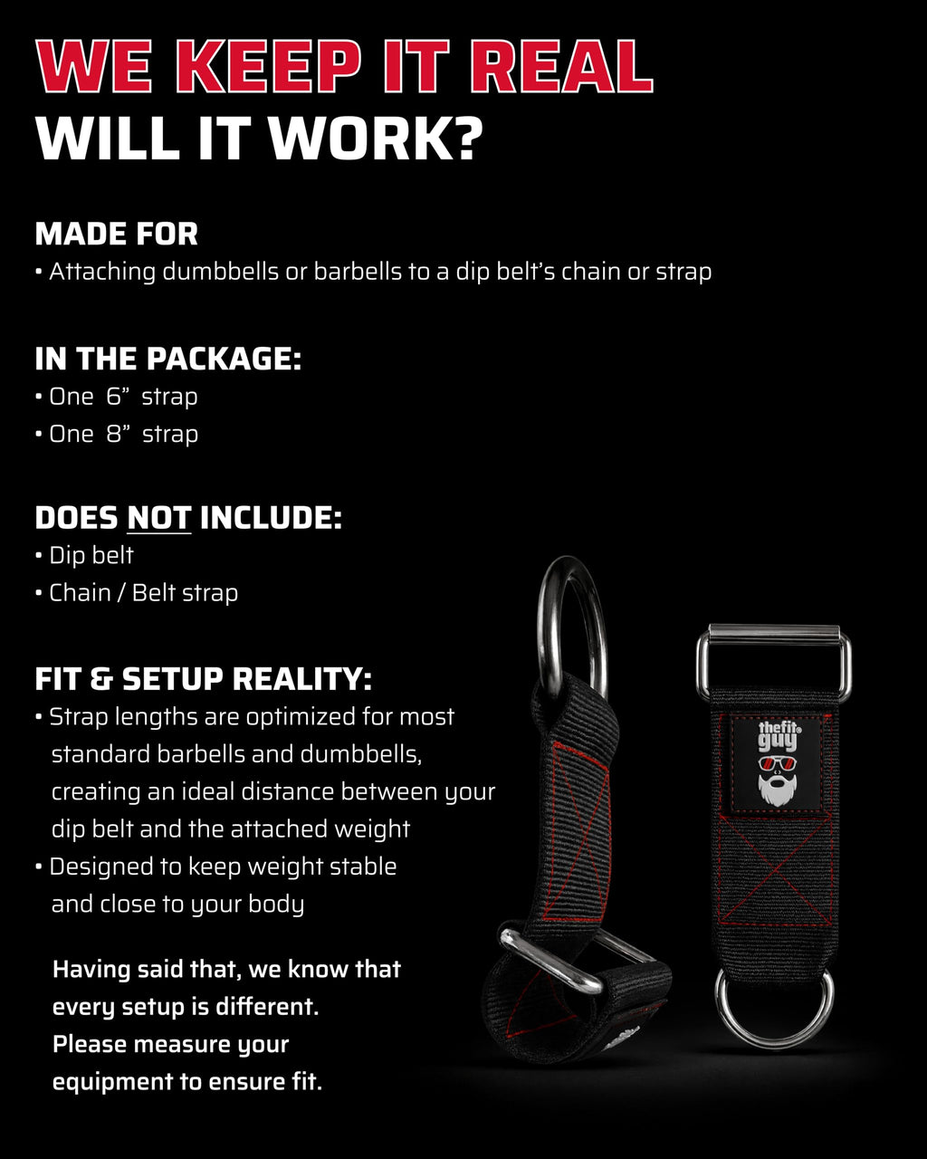 THEFITGUY Dumbbell & Barbell Loading Straps | Attachment Straps for Dips, Pullups, Squats | Ultra Strong, Heavy Duty & Secured | Attach any Dumbbell & Barbell to any Dip Belt | 8” & 6” Straps Included