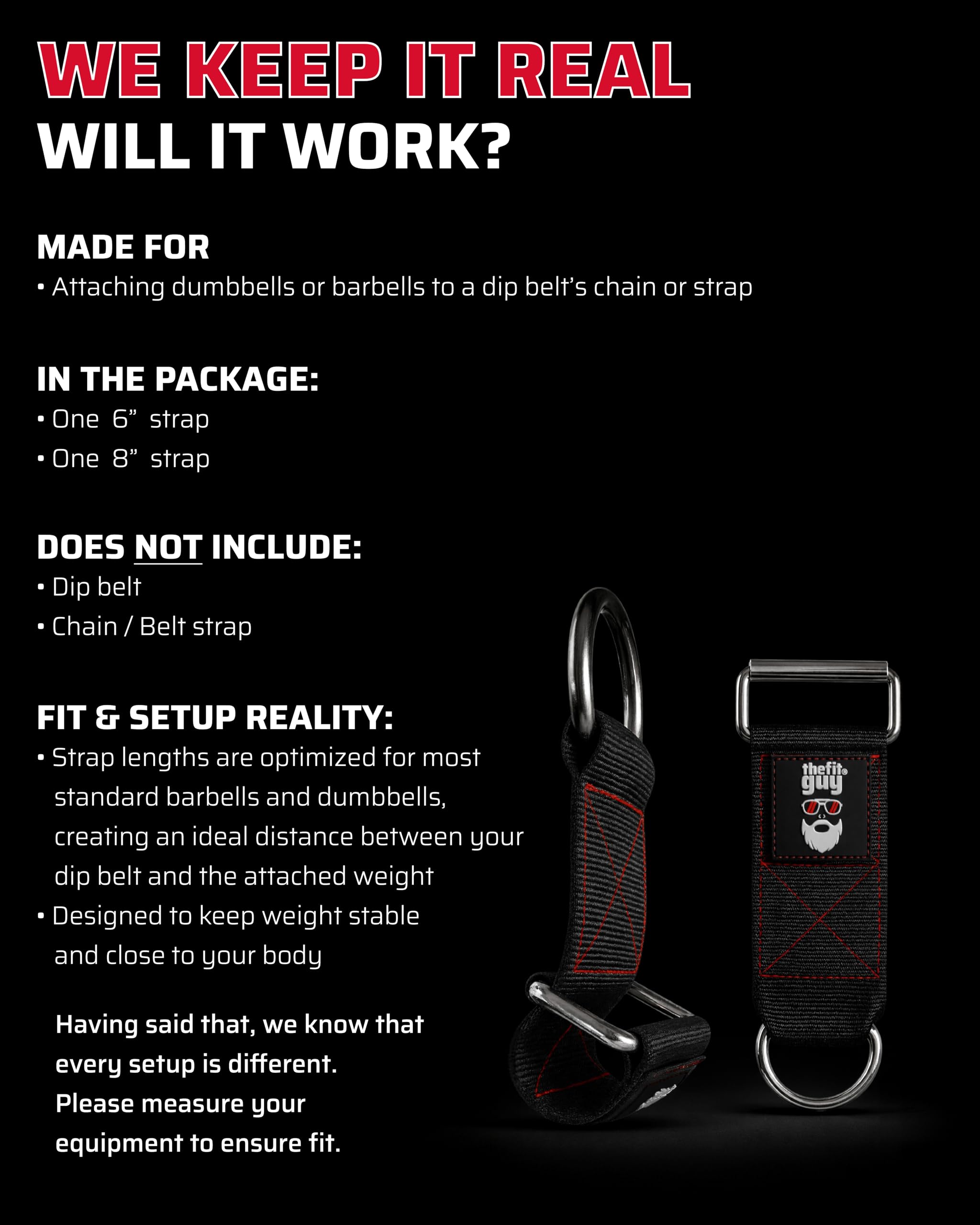 THEFITGUY Dumbbell & Barbell Loading Straps | Attachment Straps for Dips, Pullups, Squats | Ultra Strong, Heavy Duty & Secured | Attach any Dumbbell & Barbell to any Dip Belt | 8” & 6” Straps Included