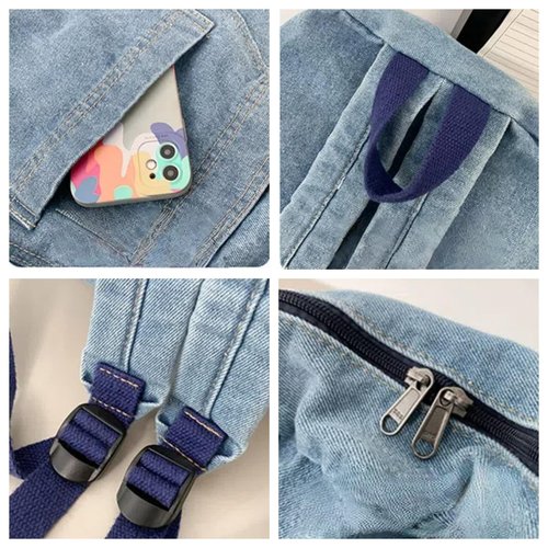 KAOBIO Denim Backpack for Women Men Casual Y2k Grunge Aesthetic Canvas Daypack Lightweight Rucksack Durable Jeans Bag (Light Blue)