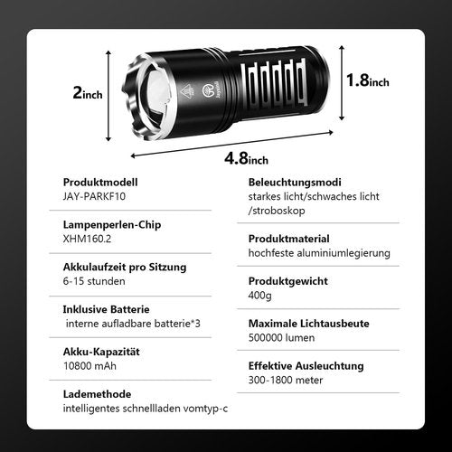 JAY-PARK LED Flashlights High Lumens 100000, Built-in 10800mAh Rechargeable Battery and LCD Power Display, 5 Lighting Modes, Zoomable, for Home, Emergency