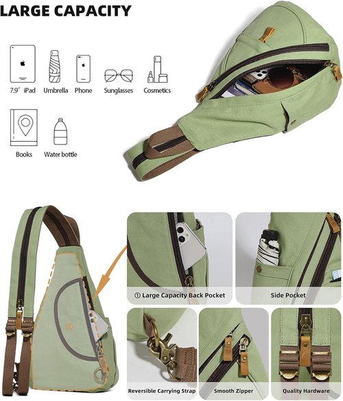 KL928 Canvas Sling Bag - Stylish Small Crossbody Backpack for Men & Women | Matcha Green