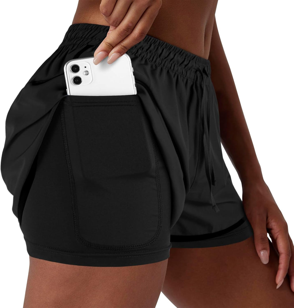 Yevrimow Women's 2-in-1 High-Waisted Running Shorts - Athletic Gym & Yoga Shorts with Liner Pockets