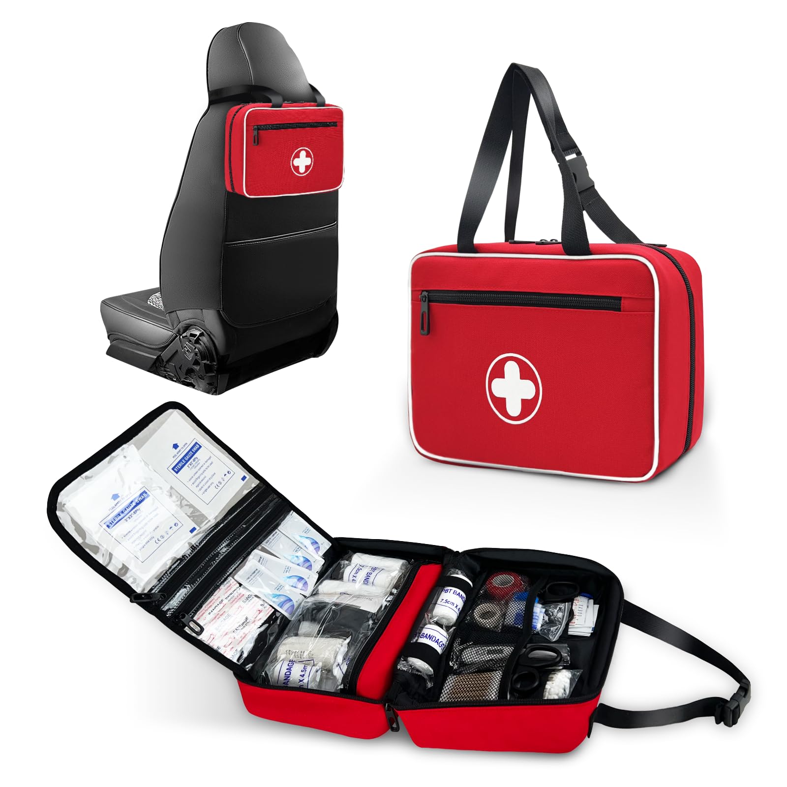 Portable First Aid Bag, Empty Emergency Trauma Kit with Reflective Strips, Multi-Compartment Medical Organizer for Travel, Camping, Car, Outdoor and Home, BAG ONLY (Red)