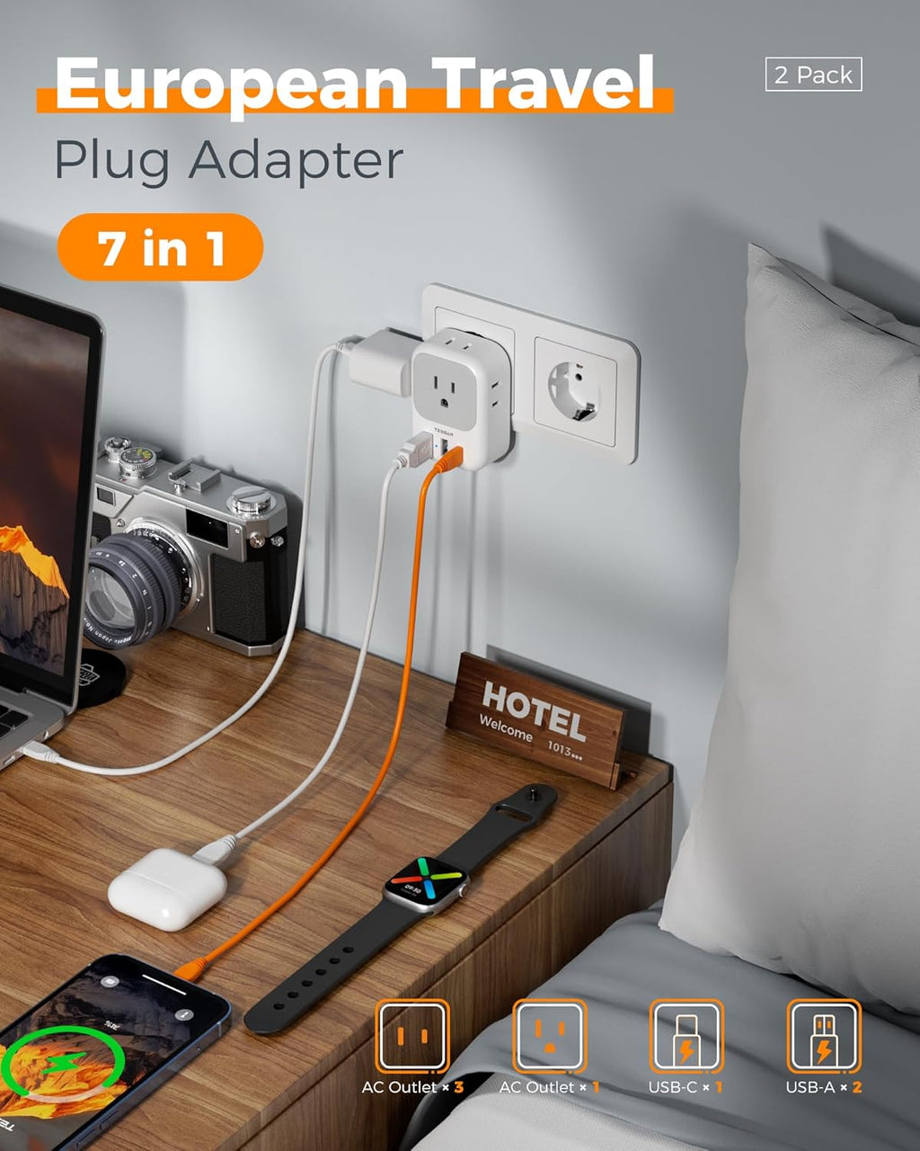 TESSAN European Plug Adapter - 4 Outlets & 3 USB Ports | Type C Travel Charger for Italy, Spain, France, Germany