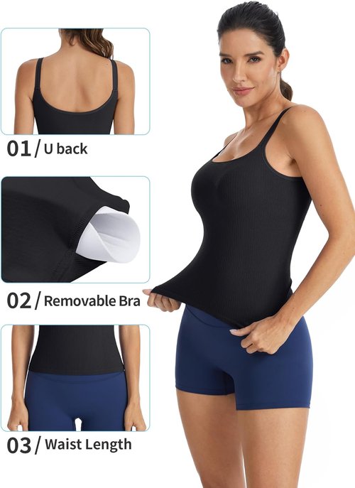 ATTRACO Ribbed Workout Tank Top - Built-In Bra Yoga U-Back Crop Top for Women | Tight Fit Gym Wear