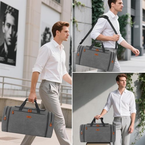 Canvas Men's Duffle Bag - Expandable 50L Travel Weekender with Toiletry Bag & Removable Shoulder Strap