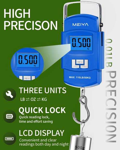 MEIYA Portable Digital Luggage Scale - 110lb Capacity, Backlit LCD Display, Includes 2 AAA Batteries | Ideal for Travel & Fishing