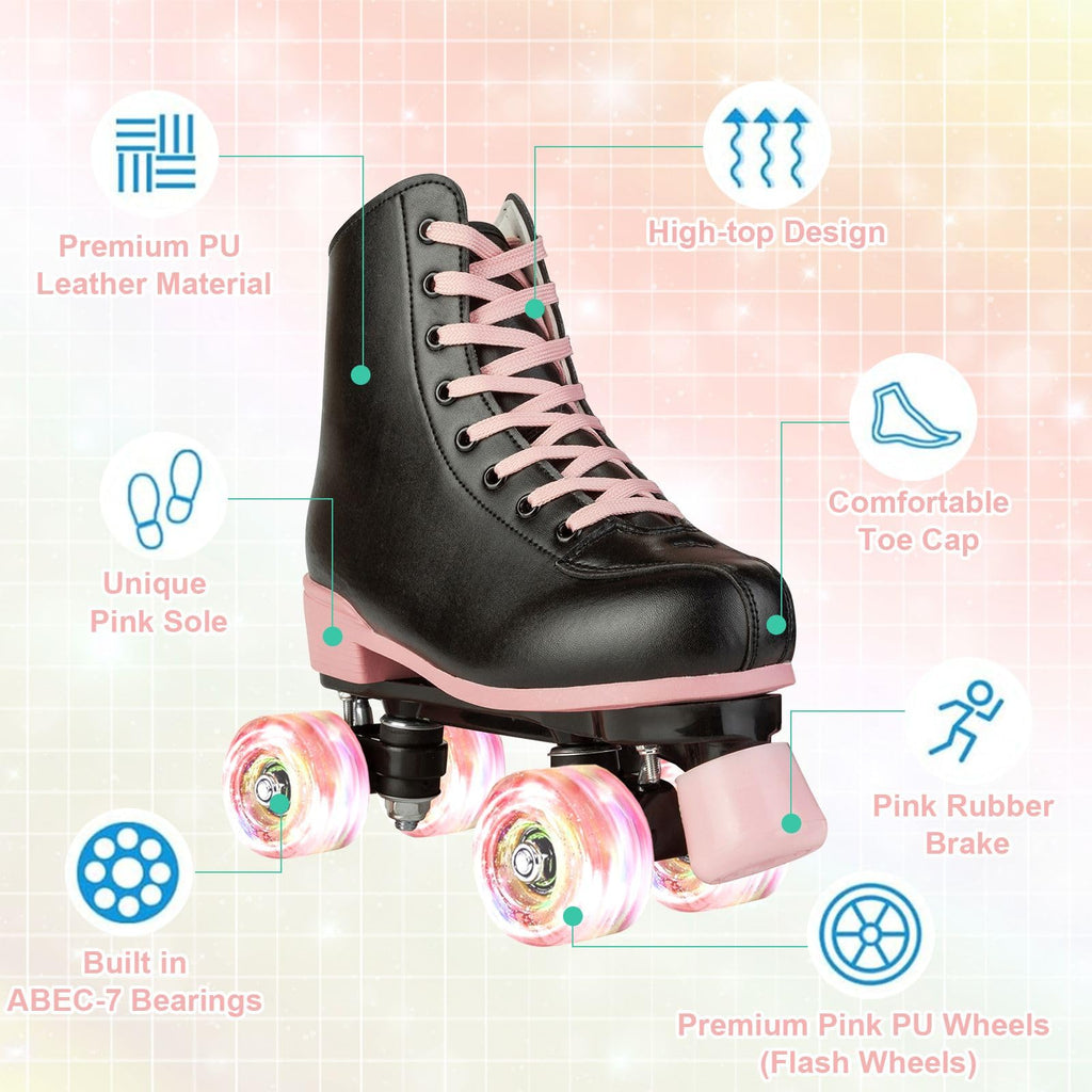 XUDREZ Roller Skates for Girls, Black PU Leather with Pink Light Up Wheels, Indoor Outdoor, Size 37-US Women 6, Youth 5