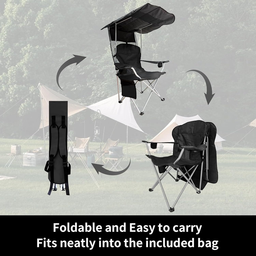 Skiennix Portable Camping Chair - Folding Lounge Chair with Canopy Shade & Cup Holder | Supports 330 LBS (Black)