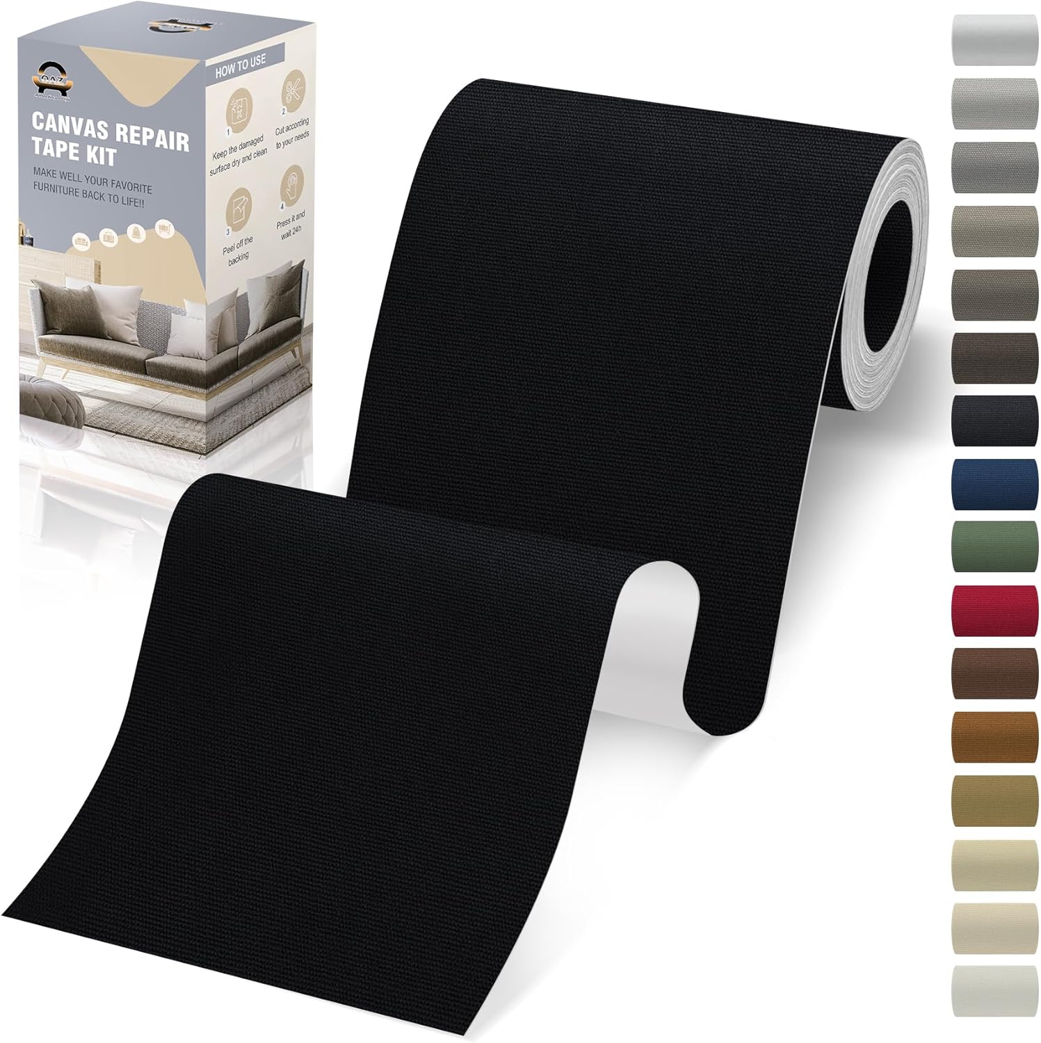 OAZ Canvas Repair Patches - Waterproof Self-Adhesive Fabric Tape for Outdoor Gear | 4 x 79 Inch (Black)