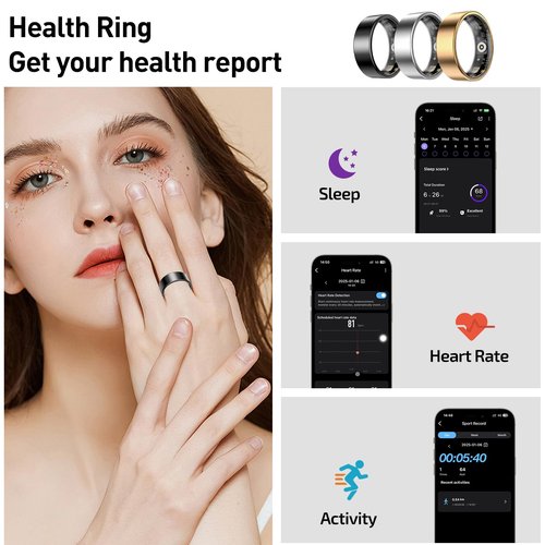 Smart Health Rings for Women Men, Fitness Tracker with Heart Rate, Blood Oxygen, HRV, Sleep Tracker, Step Tracker, No Subscription Fee, IP68 Waterproof Smart Ring for iphone & Android(Black#6)