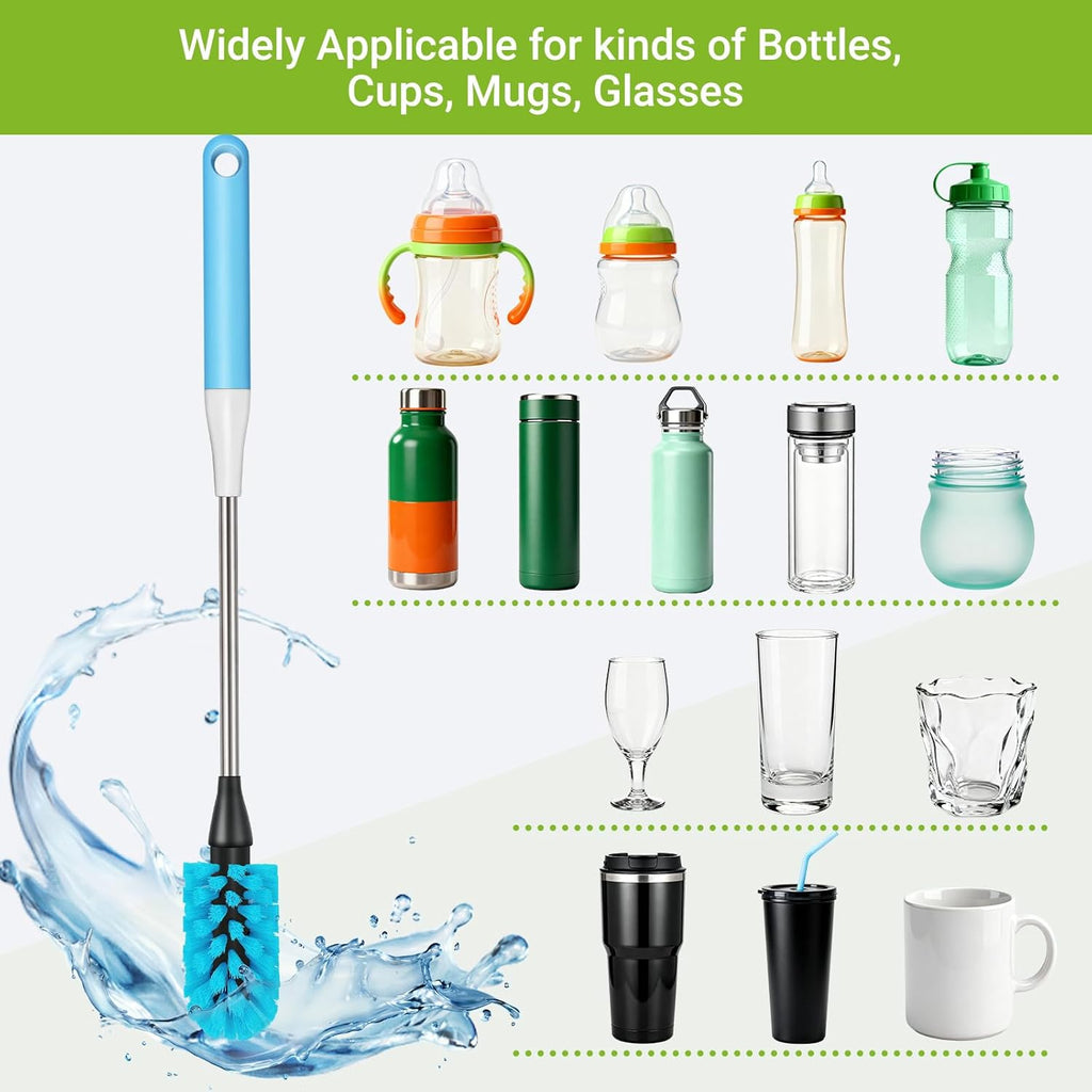Skiennix 3-in-1 Bottle Brush - 15-Inch Long Handle for Easy Cleaning of Wine Glasses, Tumblers & Mugs