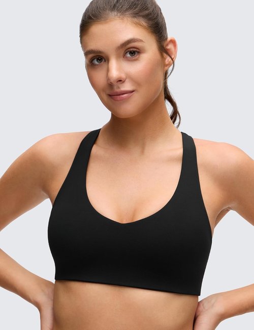 CRZ YOGA Butterluxe Racerback Sports Bra - Supportive V Neck Padded Wireless Crop Top for Women