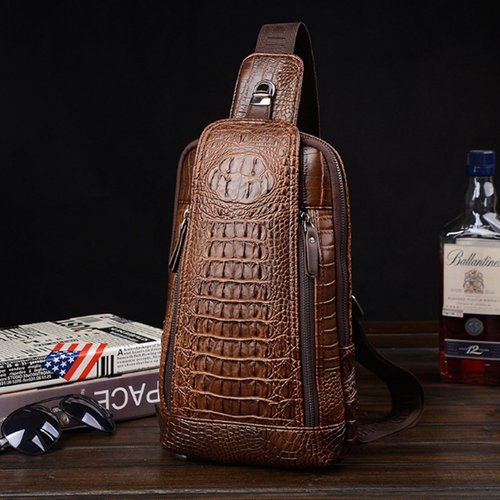 FiveloveTwo Mens Sling Bags Crocodile PU Shoulder Crossbody Chest Bag Satchels Hiking Daypack Dark Brown