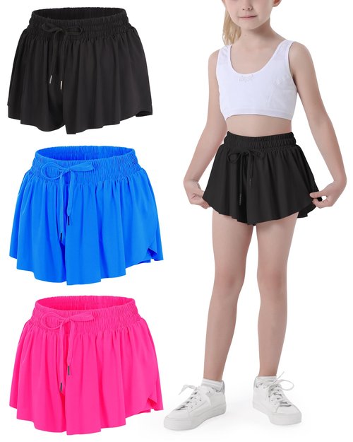 JOCMIC Girls Flowy Shorts, 2 in 1 Preppy Butterfly Shorts with Spandex Liner for Cheer Athletic Gym Teens Casual Clothes Black Navy Red 10 Years