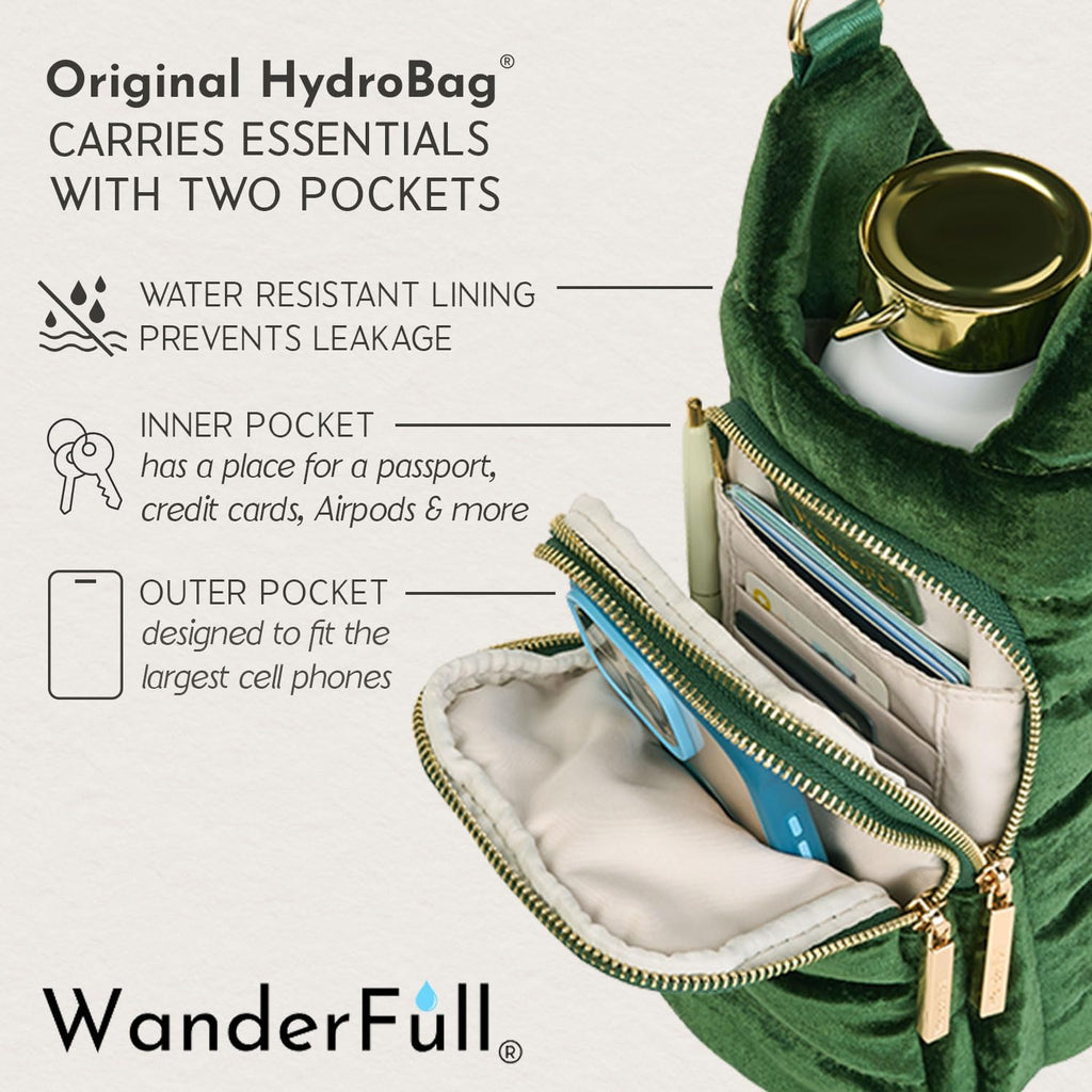 WanderFull® Original HydroBag® Velvet, Fits Up to 32 oz Water Bottle Holder with Gold Chain Shoulder Strap, Hands-Free Crossbody Water Bottle Carrier Bag w/Phone Pocket, Wine Bag - Emerald