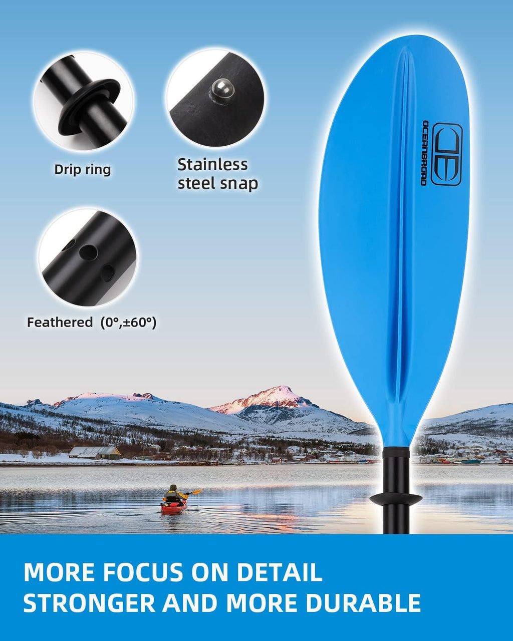 OCEANBROAD Kayak Paddle - Lightweight Alloy Shaft | 86in, 90.5in, 95in Sizes with Paddle Leash