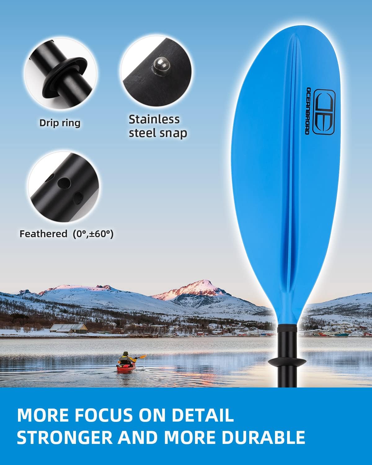 OCEANBROAD Kayak Paddle - Lightweight Alloy Shaft | 86in, 90.5in, 95in Sizes with Paddle Leash