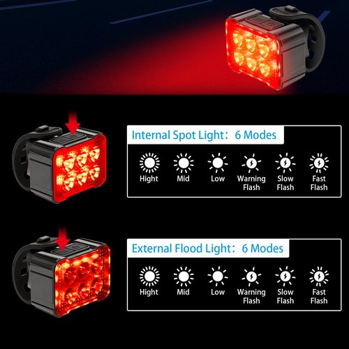 2 Packs USB Rechargeable Bike Light Set, Bicycle Safety Lights Front and Rear with 6+12 Modes, IPX4 Waterproof Headlight and Taillight for Night Riding/Cycling