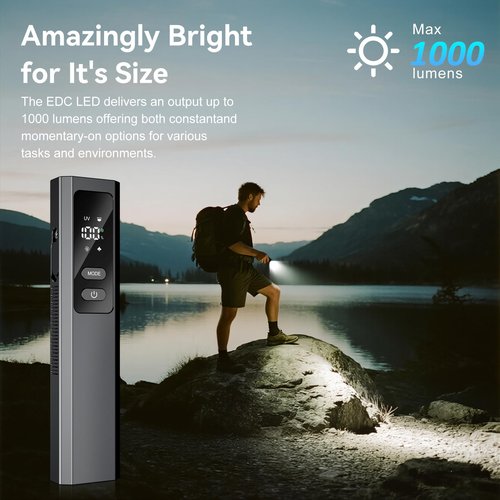 5-in-1 Rechargeable EDC Flat Flashlight, 1000 Lumens Pocket Torch with White LED, Green Beam, UV, Magnetic Base & Clip, Compact Flat Flashlight for Camping, Emergency, Work with Bag LT010 (Black)
