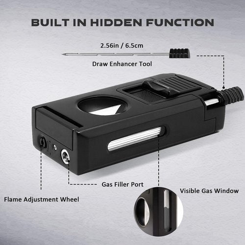 VloEssic 5-in-1 Dual Jet Flame Butane Torch Lighter Built-in V Cutter, Punch, Holder, Draw Enhancer Tool, Windproof Refillable Butane Lighter Gift for Men, Cool Lighters for Candle, Outdoor (No Gas)