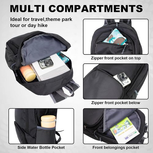 HOLYLUCK 20L Lightweight Packable Hiking Daypack - Foldable Backpack for Travel | Black Color