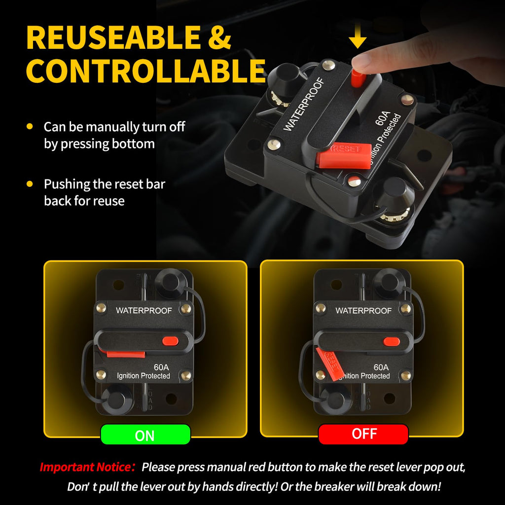 60Amp Circuit Breaker by [Brand Name] - DC 12V-48V for Marine, RV & Solar Systems | IP67 Waterproof, Manual Reset (Pack of 2)